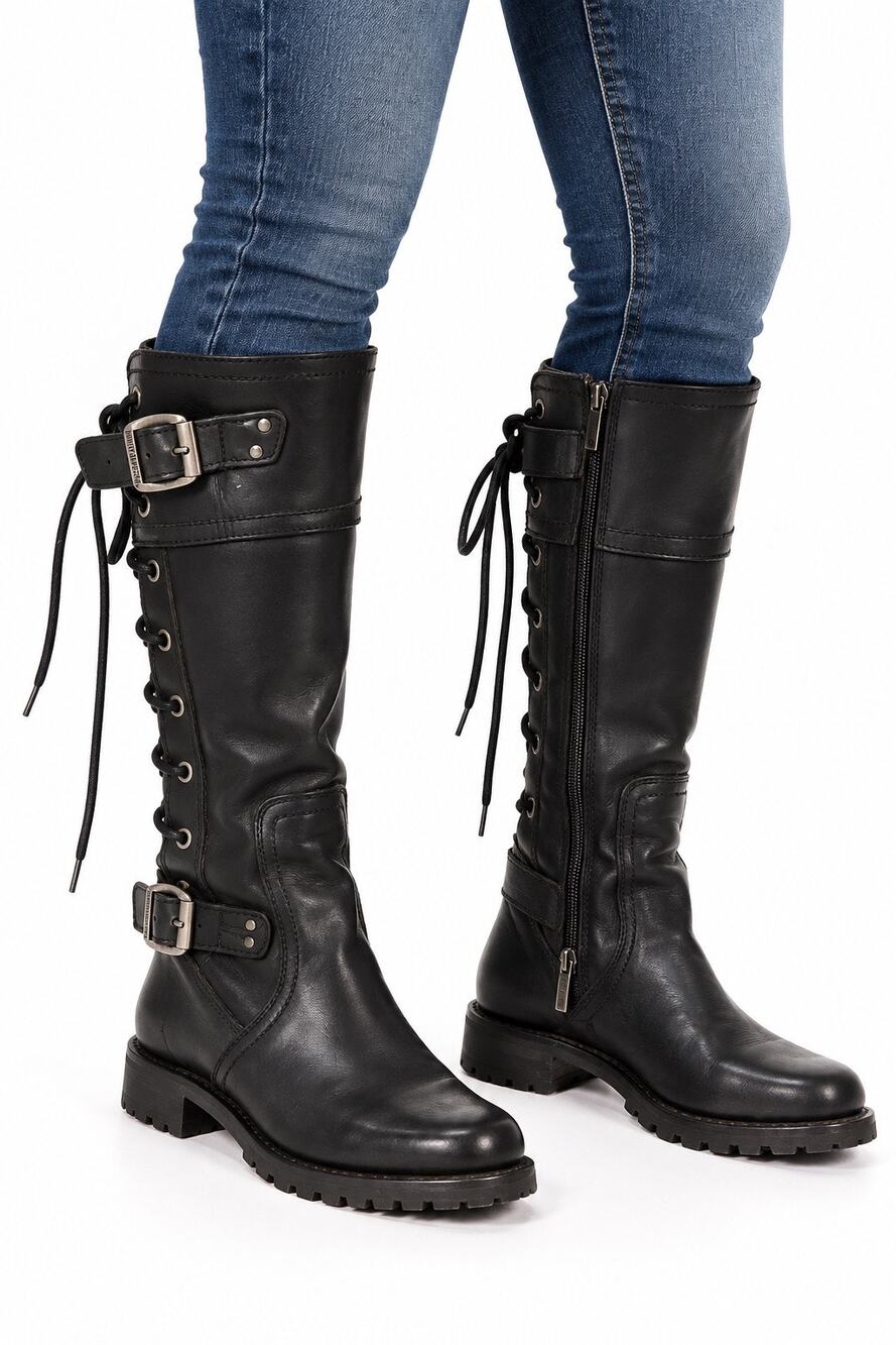 Harley Davidson Women’s 9 Black Leather Tall Motorcycle Boots Lace Up Buckle